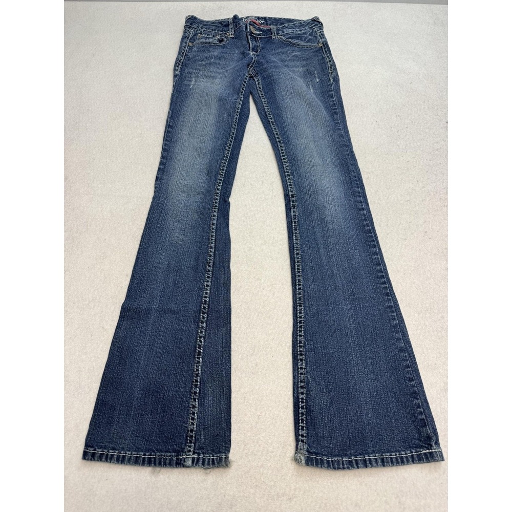 Amethyst Jeans Women 3 Blue Low Rise Bootcut Distressed Embroidered Stretch